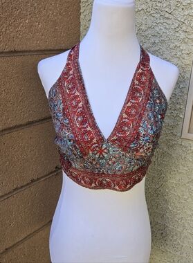 Boho Silk Halter Crop Top in Red and Teal